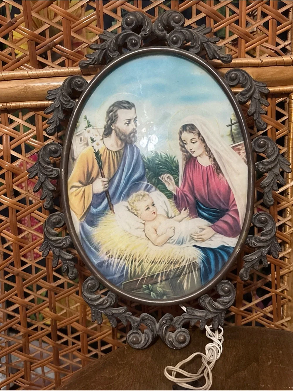 Vintage Religious Nativity Wall Plaque in Blue, Red, Cream